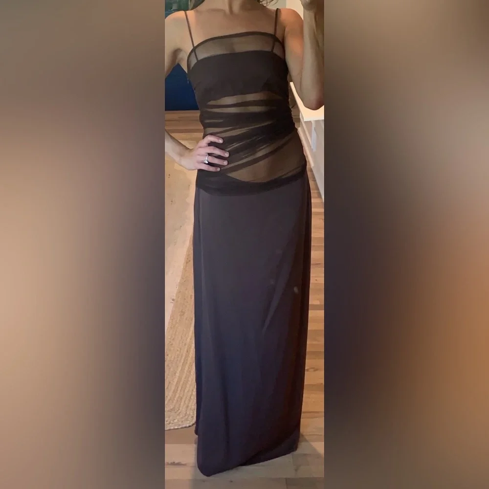 DESIGNER CHRISTOPHER ESBER Elegant Sheer Brown Maxi Dress - Picture 1 of 3